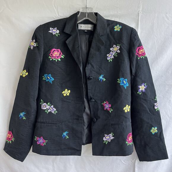 Travis Ayers black Silk/Linen blazer jacket colorful floral embroidered, Size 4 - Picture 2 of 8